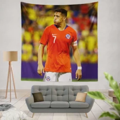 Alexis Sanchez Focused Chile Football Team Captain Tapestry