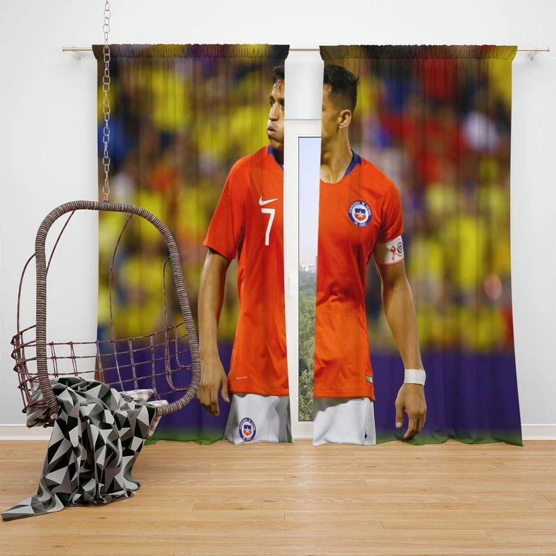 Alexis Sanchez Focused Chile Football Team Captain Window Curtain