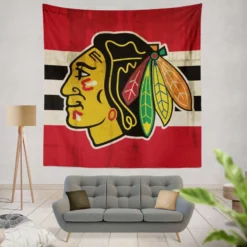 Chicago Blackhawks Striped Design Hockey Logo Tapestry