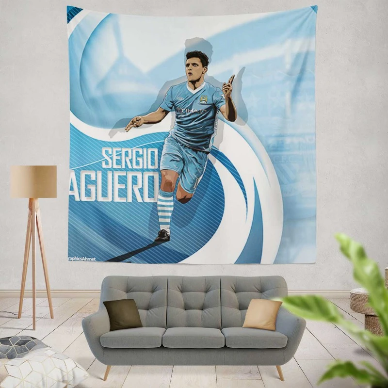 Confident Man City Soccer Player Sergio Aguero Tapestry