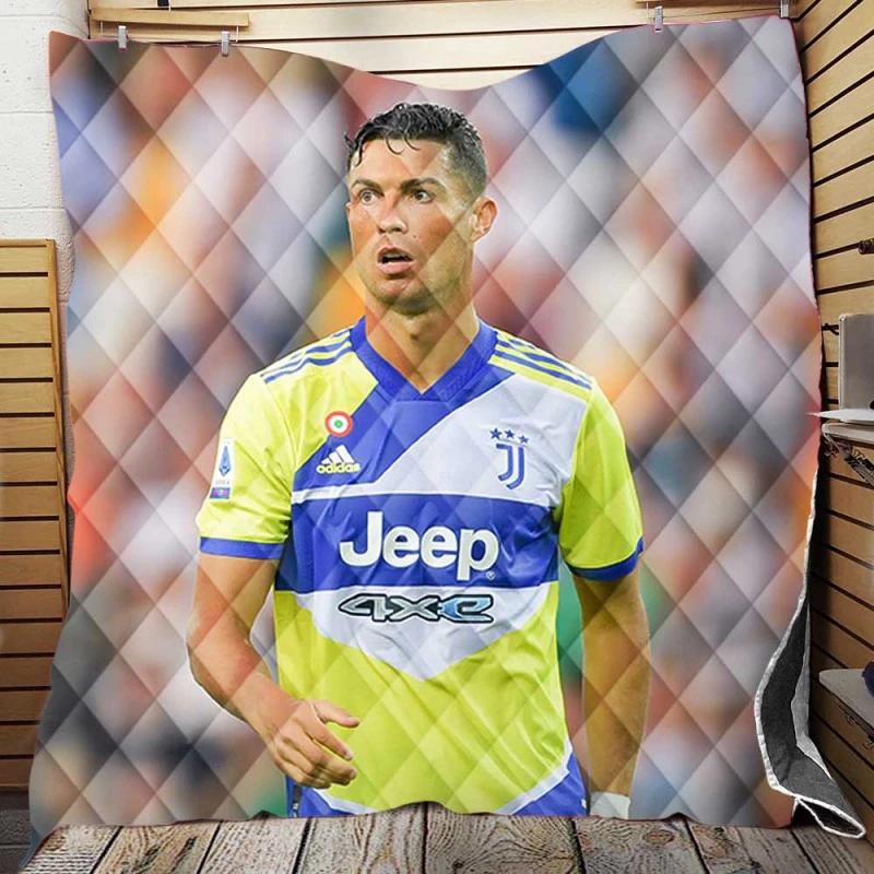 Cristiano Ronaldo in Juve Blue and Yellow Jersey Quilt Blanket