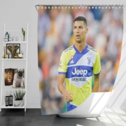 Cristiano Ronaldo in Juve Blue and Yellow Jersey Shower Curtain