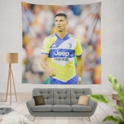 Cristiano Ronaldo in Juve Blue and Yellow Jersey Tapestry