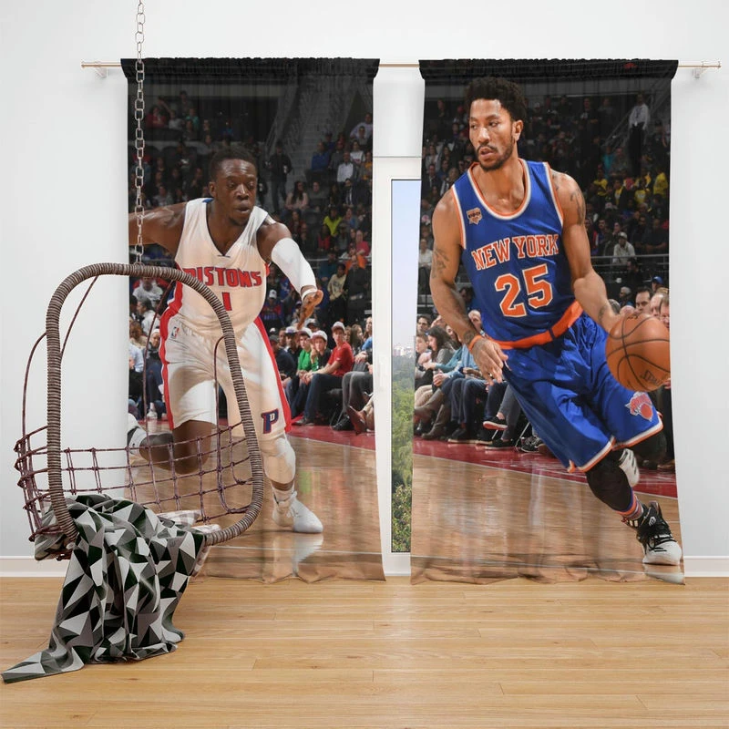 Energetic NBA Basketball Player Derrick Rose Window Curtain