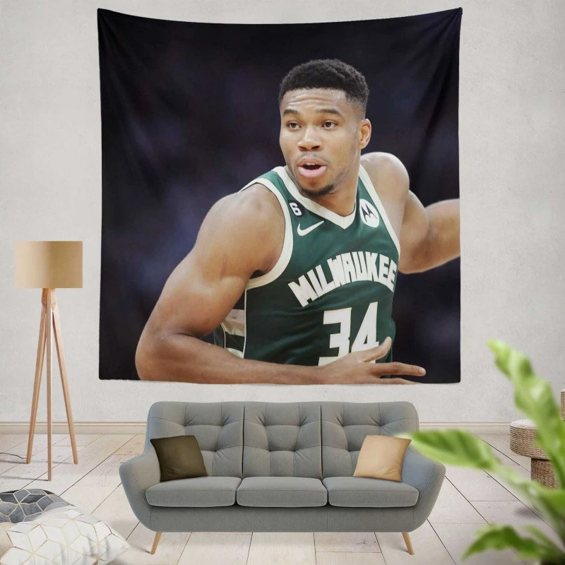 Energetic NBA Basketball Player Giannis Antetokounmpo Tapestry