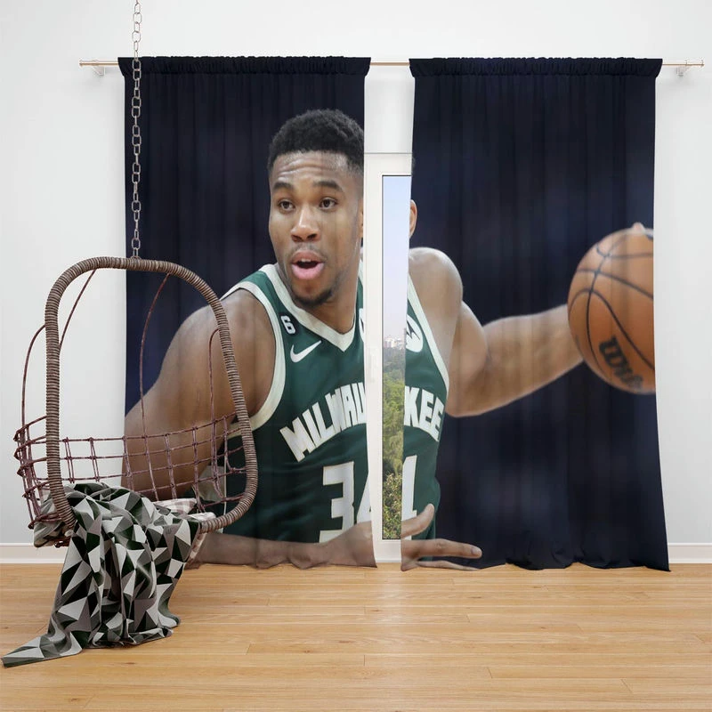 Energetic NBA Basketball Player Giannis Antetokounmpo Window Curtain