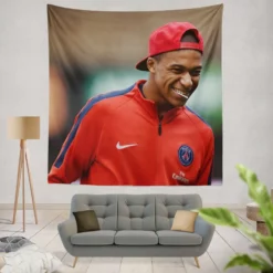 Energetic PSG Football Player Kylian Mbappe Tapestry