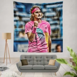 Energetic Tennis Player Stefanos Tsitsipas Tapestry
