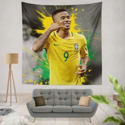 Gabriel Jesus Powerfull Brazilian Football Player Tapestry