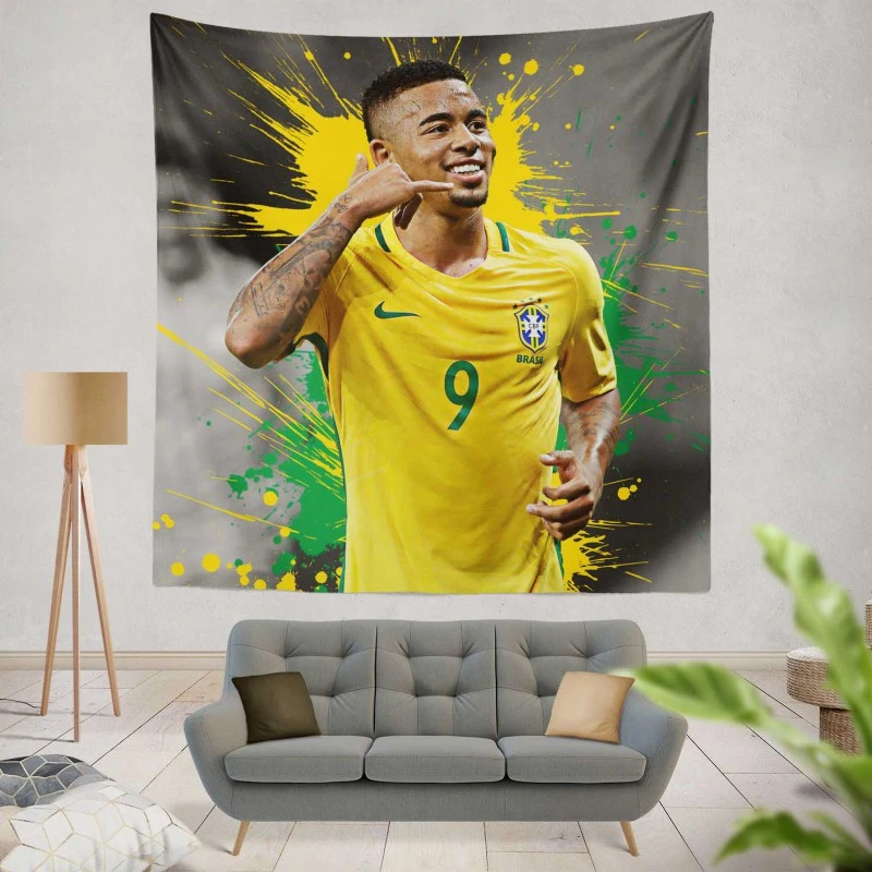 Gabriel Jesus Powerfull Brazilian Football Player Tapestry