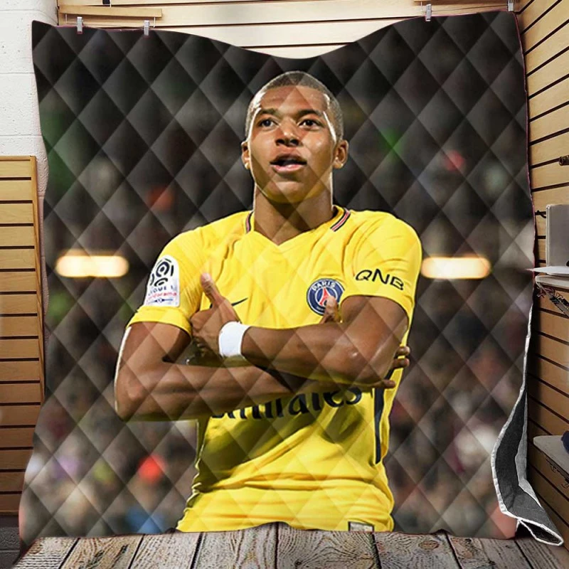 Kylian Mbappe in PSG Yellow Jersey Quilt Blanket