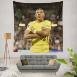 Kylian Mbappe in PSG Yellow Jersey Tapestry