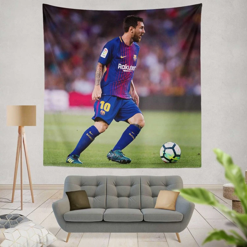 Lionel Messi with Barcelona Uniform Tapestry