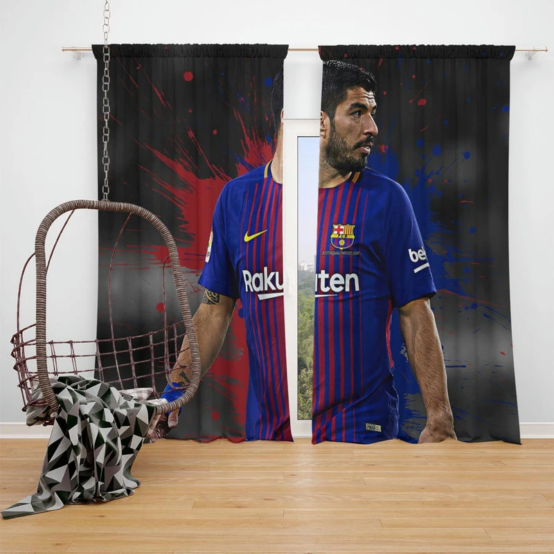 Luis Suarez Encouraging Barca Player Window Curtain