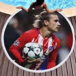 Antoine Griezmann in Atlatico Madrid Jersey Round Beach Towel 1