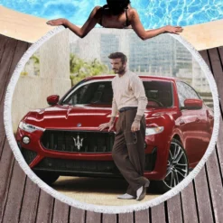 Awesome David Beckham with Red Car Round Beach Towel 1