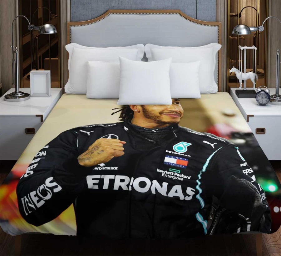 Competing in Formula One for Mercedes Lewis Hamilton Duvet Cover