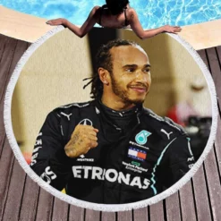 Competing in Formula One for Mercedes Lewis Hamilton Round Beach Towel 1