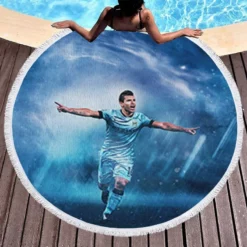 Competitive Football Player Sergio Aguero Round Beach Towel 1