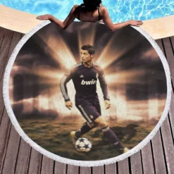 Cristiano Ronaldo in Black Jersey Football Player Round Beach Towel 1