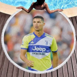 Cristiano Ronaldo in Juve Blue and Yellow Jersey Round Beach Towel 1