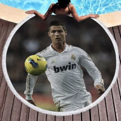 Cristiano Ronaldo in Real Madrid White Jersey Round Beach Towel 1