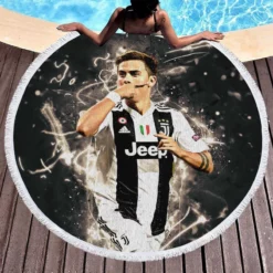 Energetic Football Player Paulo Dybala Round Beach Towel 1