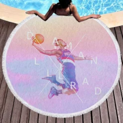 Energetic NBA Basketball Player Damian Lillard Round Beach Towel 1