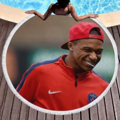 Energetic PSG Football Player Kylian Mbappe Round Beach Towel 1