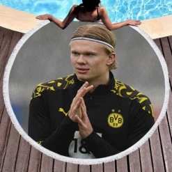 Erling Haaland in Dortmund BVB Black Jersey Round Beach Towel 1