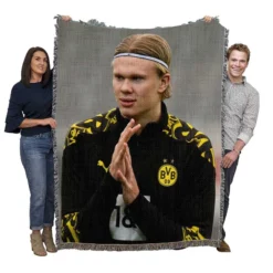 Erling Haaland in Dortmund BVB Black Jersey Woven Blanket