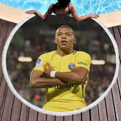 Kylian Mbappe in PSG Yellow Jersey Round Beach Towel 1