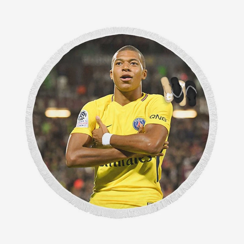 Kylian Mbappe in PSG Yellow Jersey Round Beach Towel