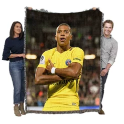 Kylian Mbappe in PSG Yellow Jersey Woven Blanket