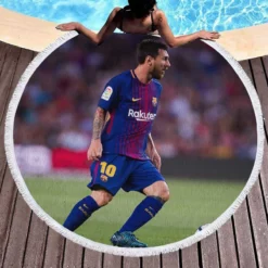 Lionel Messi with Barcelona Uniform Round Beach Towel 1