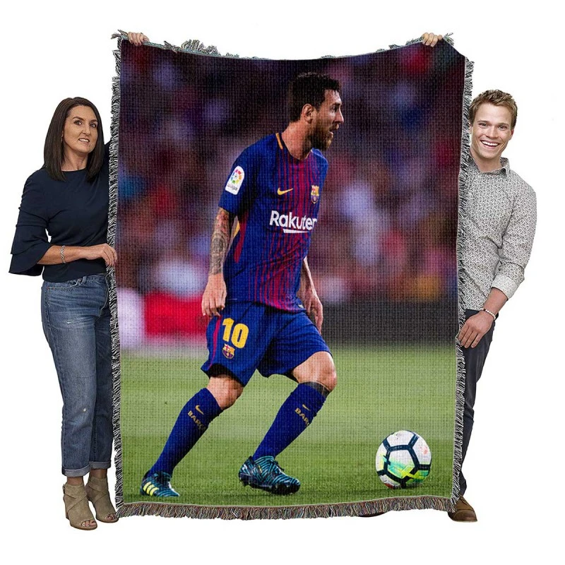 Lionel Messi with Barcelona Uniform Woven Blanket