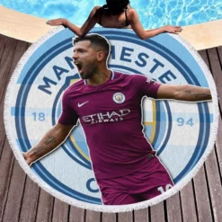 Manchester City  Sergio Aguero Round Beach Towel 1