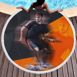 Neymar Jr Spirited Soccer Player Round Beach Towel 1